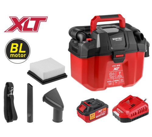 Аккумуляторный пылесос Wortex CVC 1815 в коробке, XLT SET, бесщёточный, 18 В, 9-15 кПа, 10 л, строительный