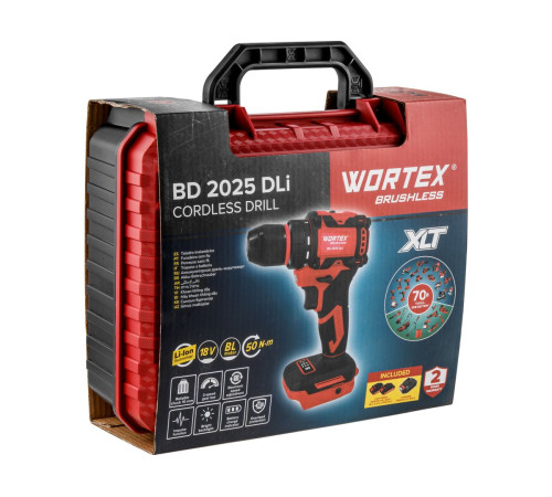 Аккумуляторная дрель-шуруповерт Wortex BD 2025 DLi в кейсе ALL1 XLT бесщёточная, 18 В, 50 Н*м, 2х2 А*ч, БЗП 10 мм