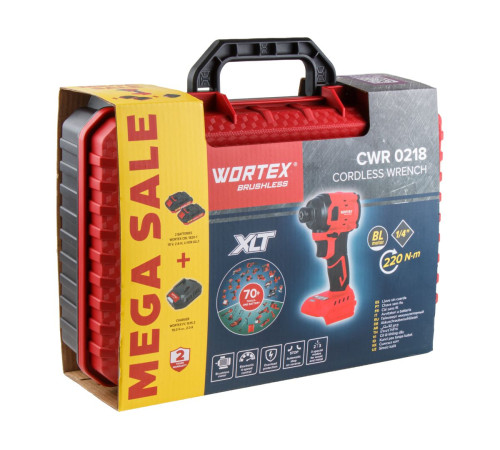 Аккумуляторный ударный гайковерт/винтоверт Wortex CWR 0218 в кейсе XLT 2x2 А*ч, бесщёточный, 18 В, 220 Н*м